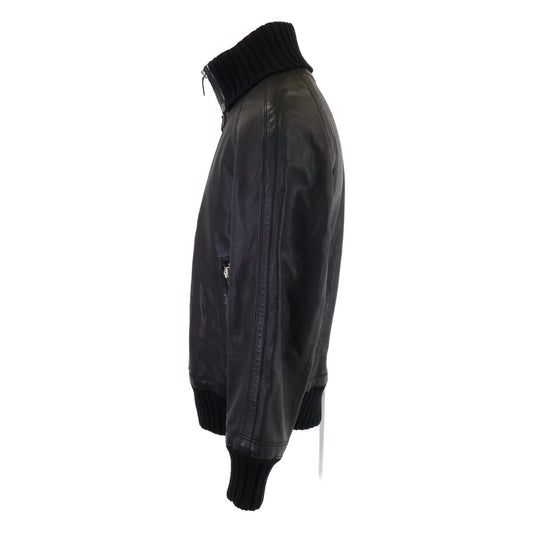 HERMES Zip-Up Leather Jacket Black Size 46