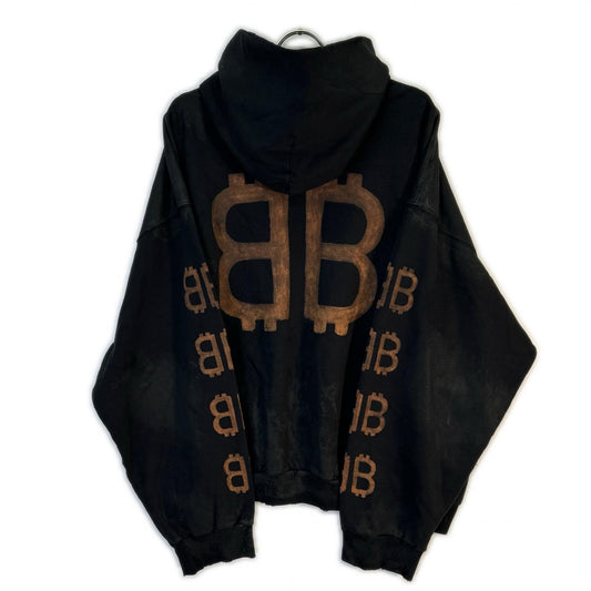 BALENCIAGA '23 BB Print Damaged Pullover Hoodie Black Size M