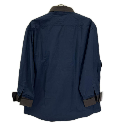 HERMES 2-Way Detachable Collar Band Shirt Navy/Brown Size 44