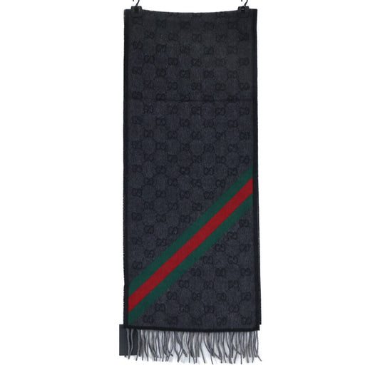 GUCCI Gray GG Wool Web Stripe Fringe Scarf Size ONE SIZE