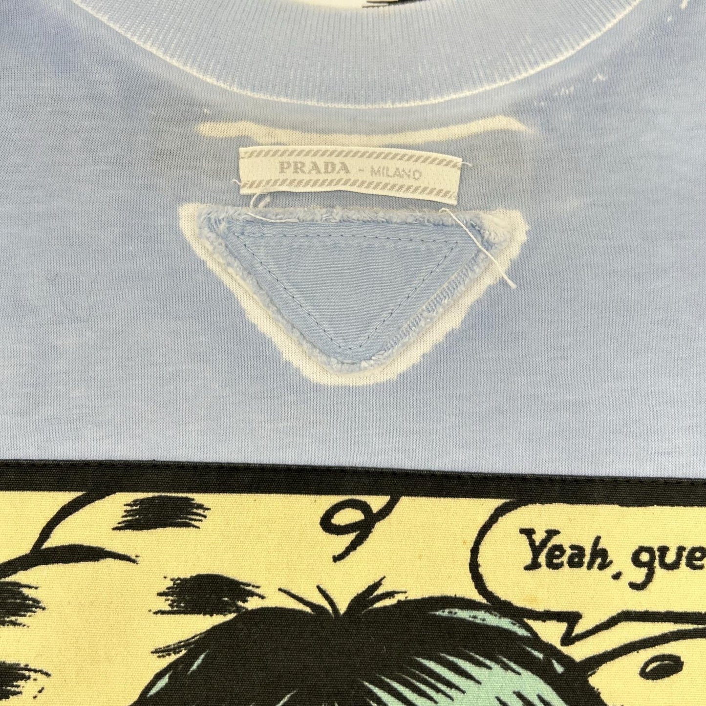 PRADA UJB489 Triangle Logo Comic Print Light Blue T-Shirt Size S