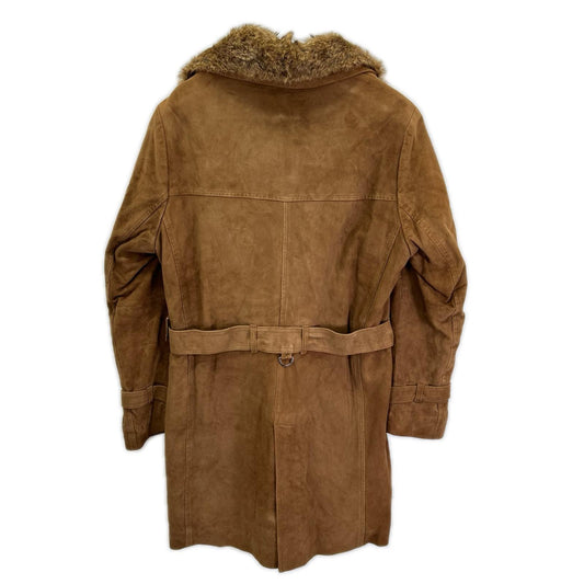 EMMETI Brown Goat Leather Fur Collar Belted Coat Size 48