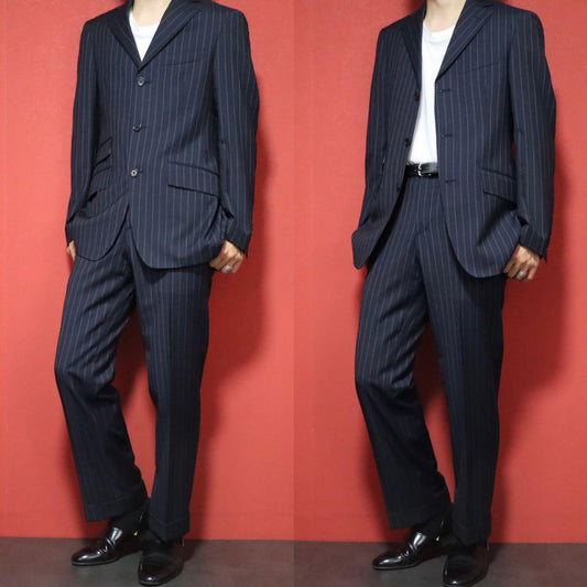 Etro Blue Multicolor Striped Lining Wool Silk Suit Size 44