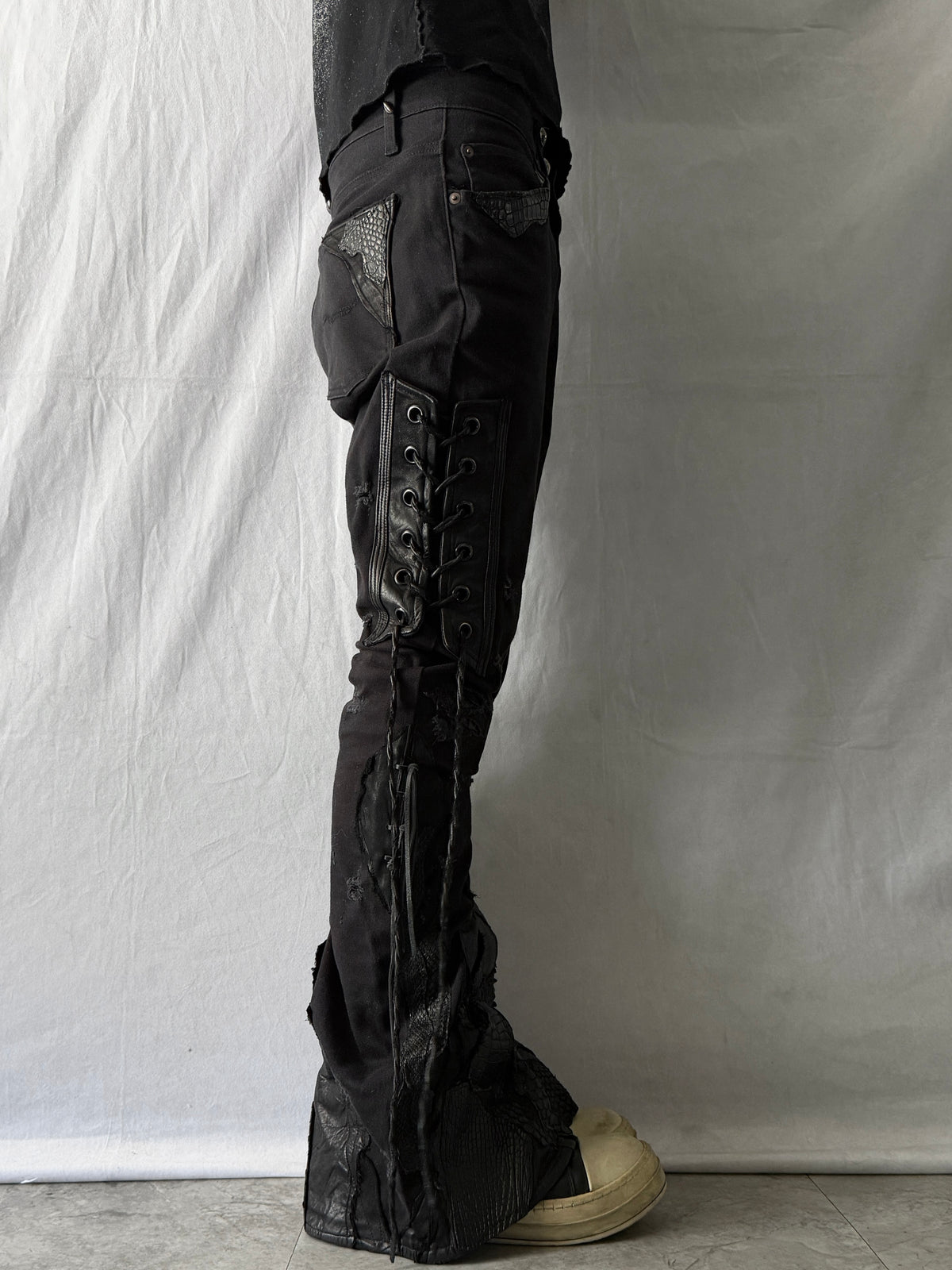 Shohei Takamiya Lace-up Leather Flared Denim