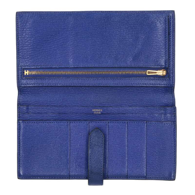 HERMES Bearn Soufflet Chevre Long Wallet Blue Size ONE SIZE