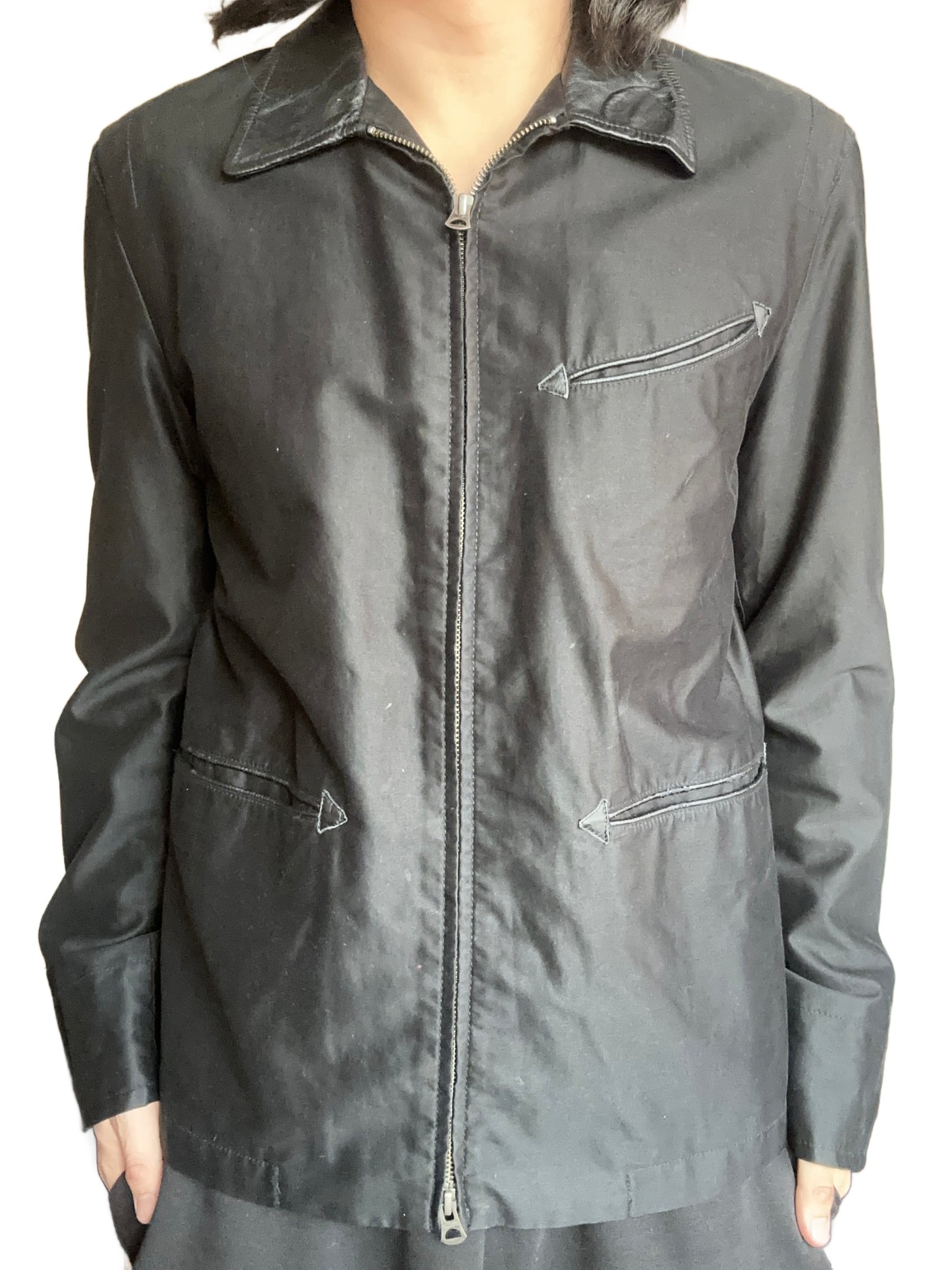 Vintage Black Leather Collar Zip Up Jacket Leo Lined Size M