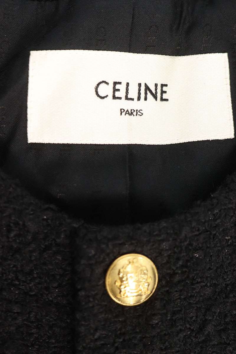 CELINE Collarless Tweed Jacket Black Size 36