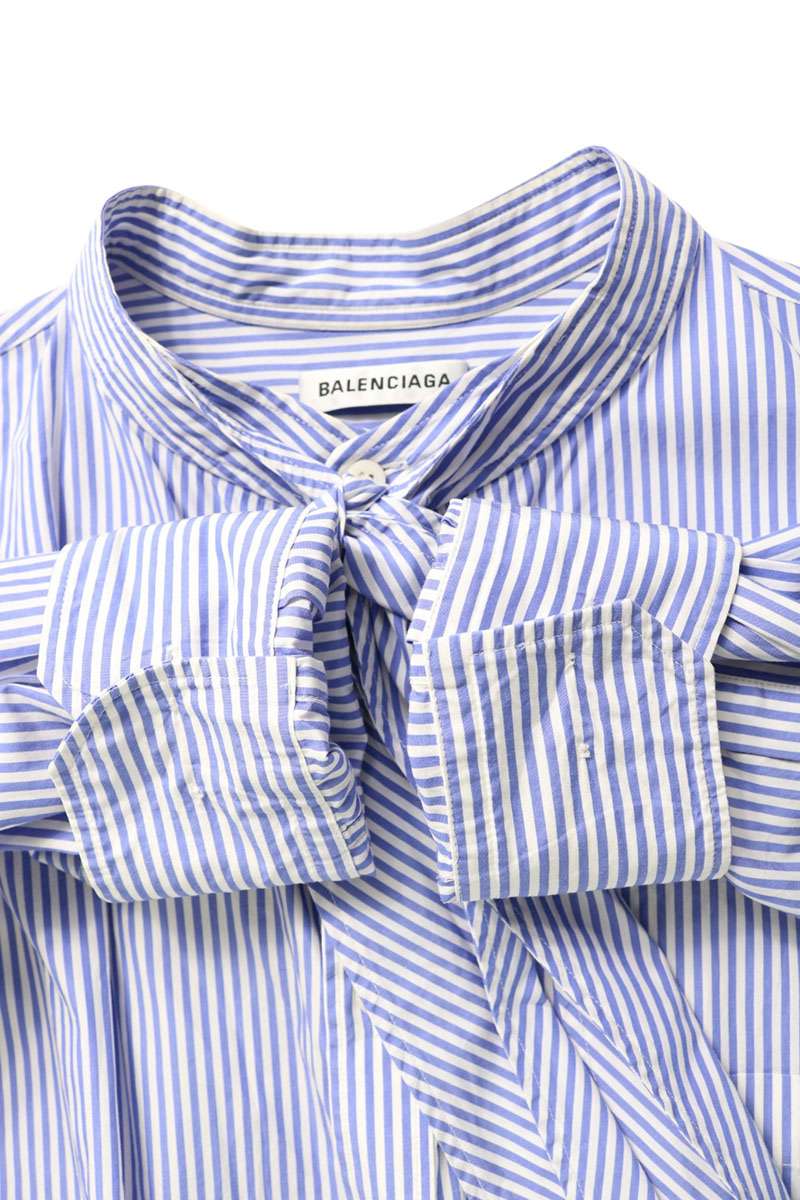 Balenciaga Blue White Stripe Back Logo Tie Blouse Size 32