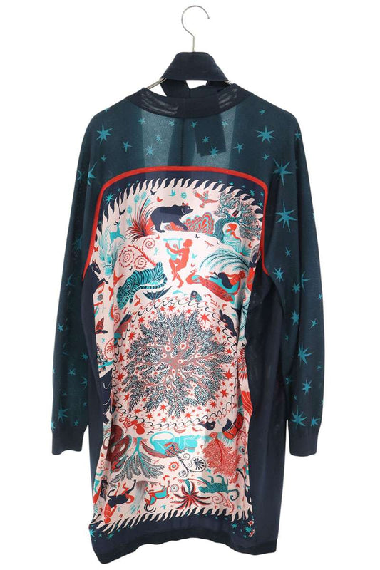 HERMES Belted Silk Long Cardigan Navy Size 42