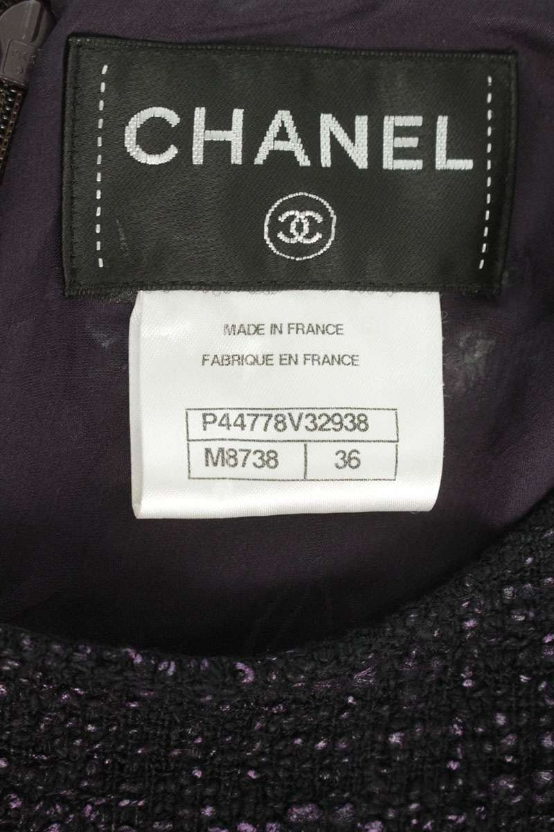 Chanel Tweed Wrap Dress Black Purple Cotton Silk Size 36