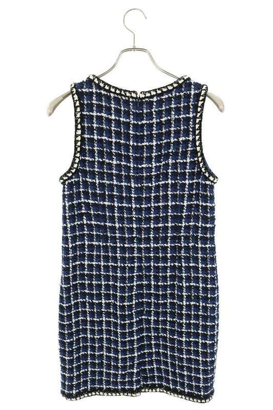 Chanel 23SS Coco Button Tweed Sleeveless Dress Blue Size 34