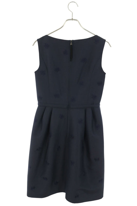 Vintage Flower Embroidered Wool Silk Dress Navy Size 38