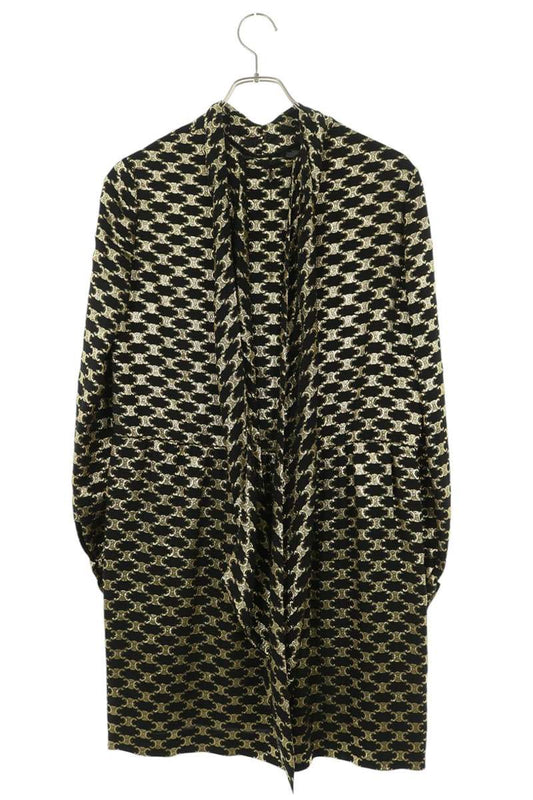 CELINE Triomphe Jacquard Metallic Silk Black Gold Dress Size 38