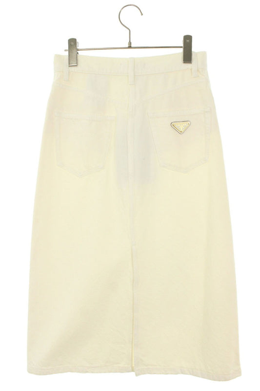 Prada White Triangle Logo Plate Denim Skirt Size 38