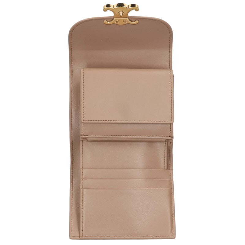 CELINE Small Triomphe Leather Beige Gold Wallet Size ONE SIZE