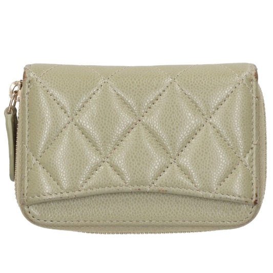 CHANEL Caviar Skin Round Zip Coin Green Gold Coin Case Size ONE SIZE
