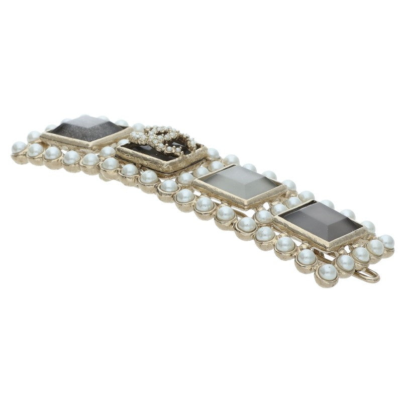 CHANEL G21V Faux Pearl Hair Clip Barrette Gold/White