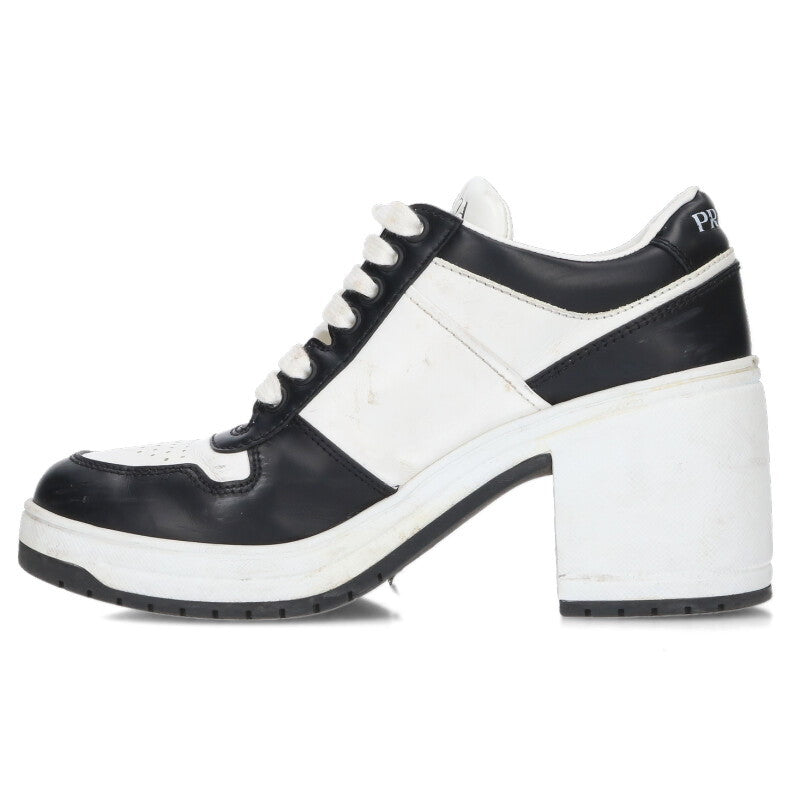 Prada Downtown Logo Plate Heeled Sneakers Wht/Blk Size 38