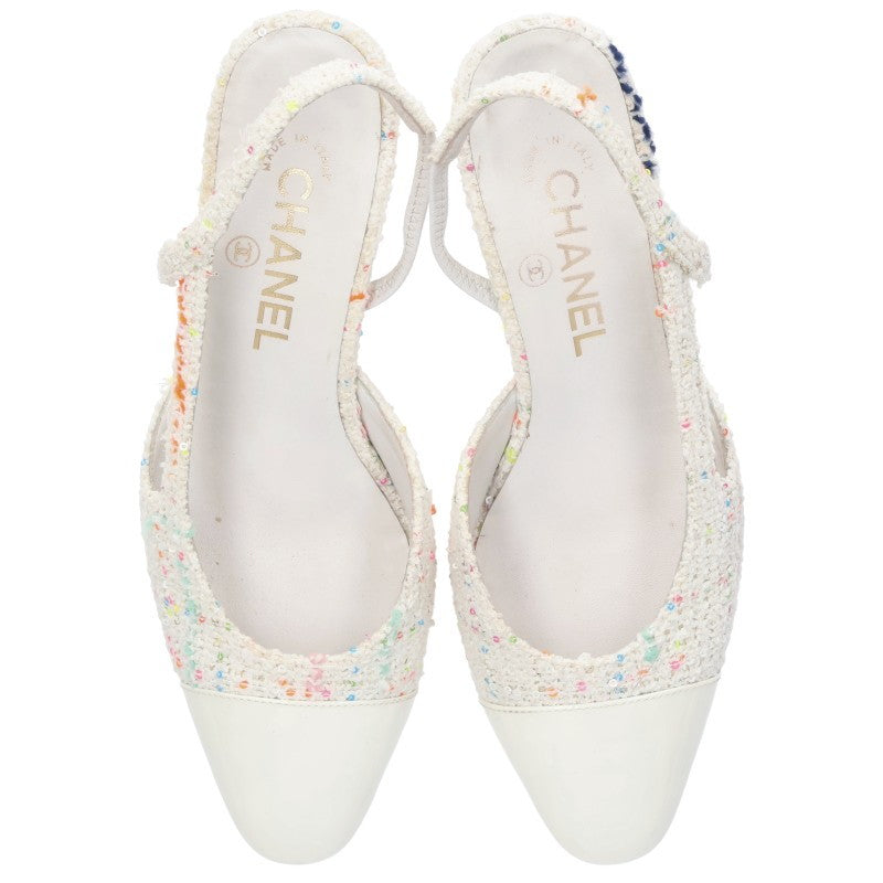 Chanel Tweed Sequin Slingback Pumps White Size 36.5