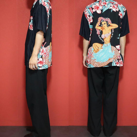 SUN SURF 00s Artvogue Hula Girl Open Collar Shirt Size L