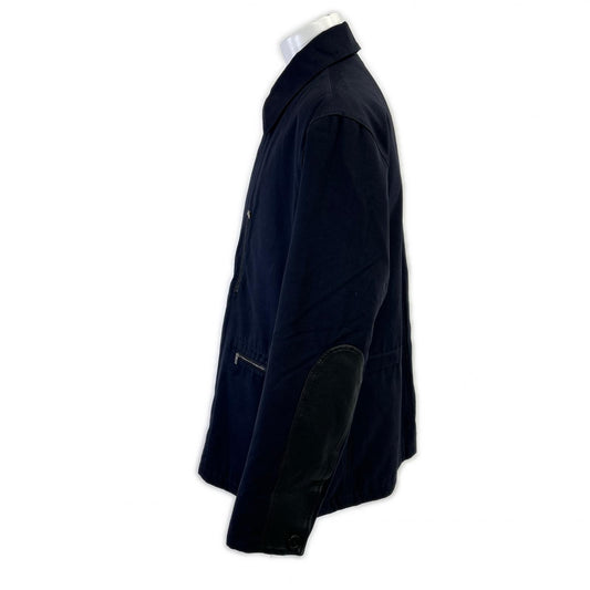 HERMES Lamb Leather Panel Half Coat Navy Size 52