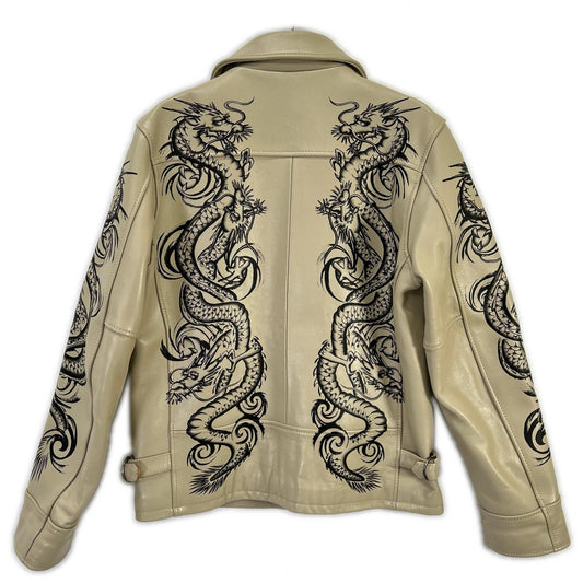 AVIREX Ivory Dragon Hand-Painted Leather Jacket Size L