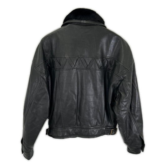 BY VERSACE Black Leather Fur-Trimmed Leather Jacket Size 48