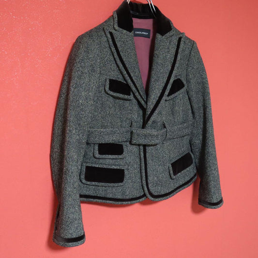 Dsquared2 Gray Herringbone Tweed Velour-Trim Cropped Size XS