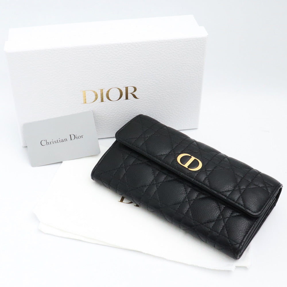 DIOR CARO Cannage Calfskin Long Flap Wallet Black Size F