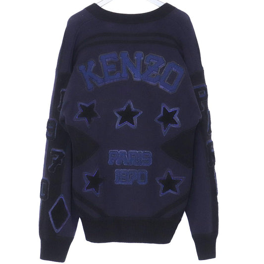 KENZO Applique Tiger Motif V-Neck Sweater Navy Size L