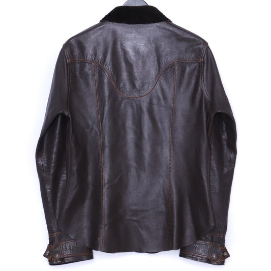SKKIN Shearling Collar Leather Shirt Jacket Brown Size M