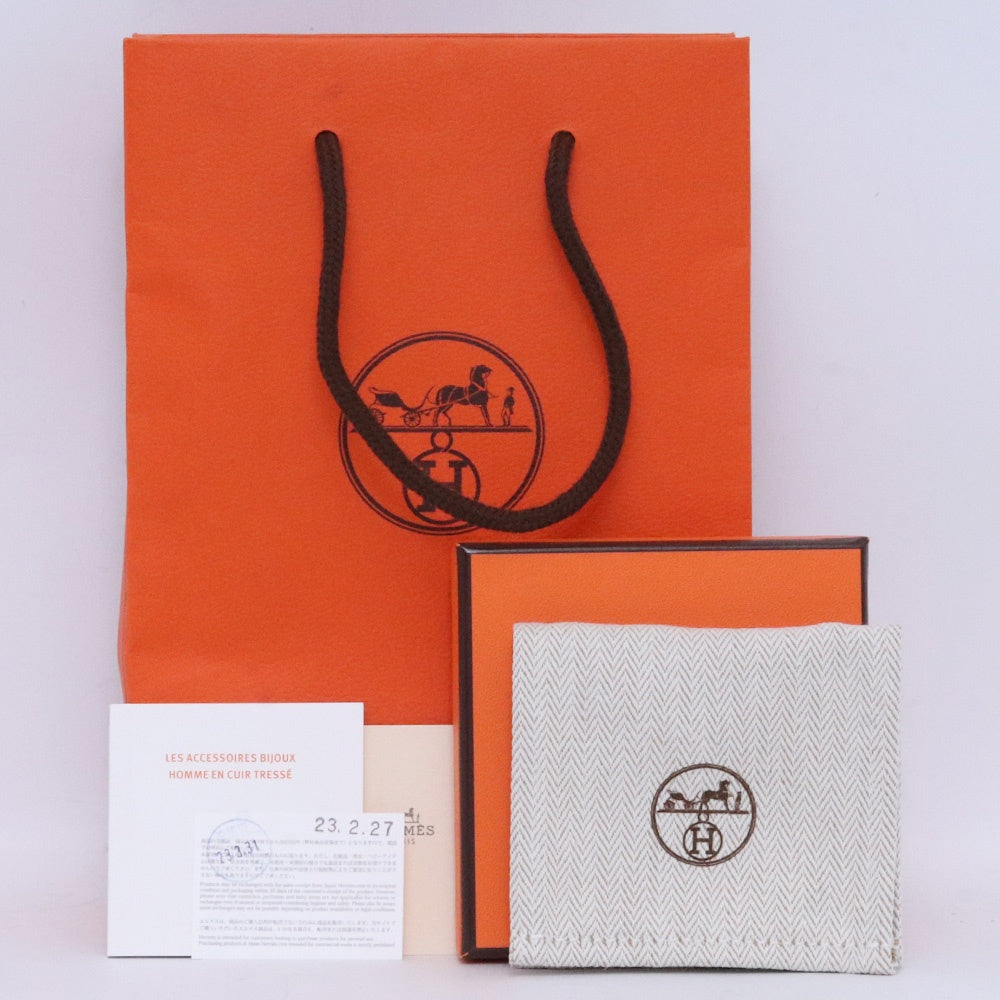 HERMES Tournis Tresse Leather Bracelet Black Size F