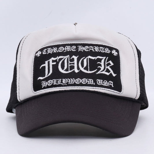 CHROME HEARTS OLD FUCK Trucker Cap Black White Size 4