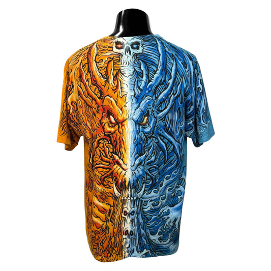 LIQUID BLUE 90s Fire & Ice Dragon Print T-Shirt Size L