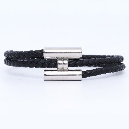 HERMES Tournis Tresse Leather Bracelet Black Size F