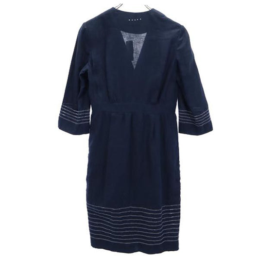 Italian Linen 3/4 Sleeve V-Neck Midi Dress Navy Size 42