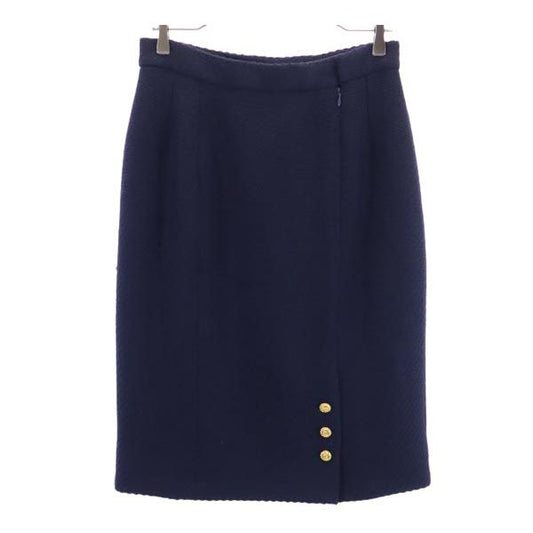 CHANEL French Wool Back Zip Midi Skirt Navy Size 40
