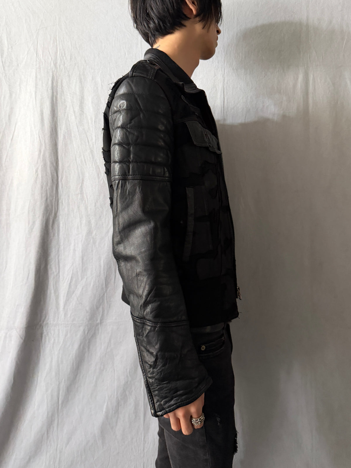 Roen Distressed Leather Hybrid Jacket Size 46