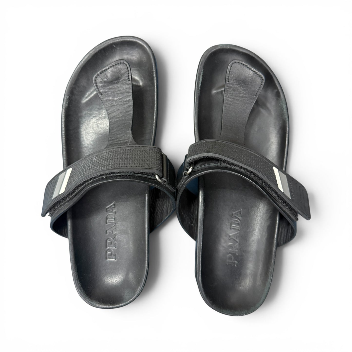 PRADA Leather Rubber Logo Thong Sandals Black