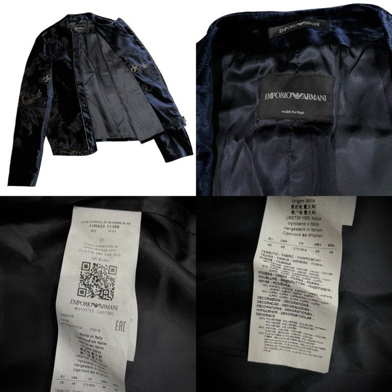 EMPORIO ARMANI 18AW Velvet Embroidered Jacket Navy Size 48