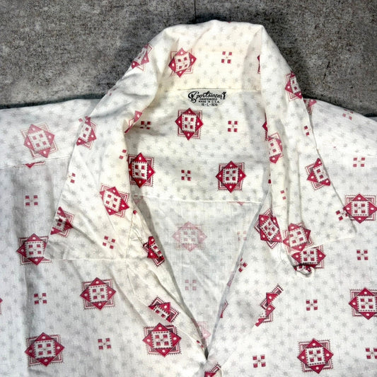 Vintage 50s 60s Pink Cotton Short Sleeve Open Collar Size L