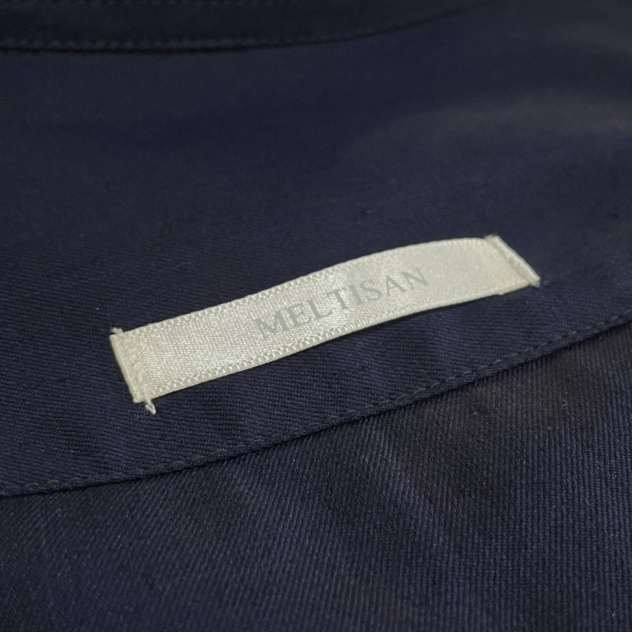 MELTISAN Cotton Gabardine Band Collar Long Shirt Navy Size L