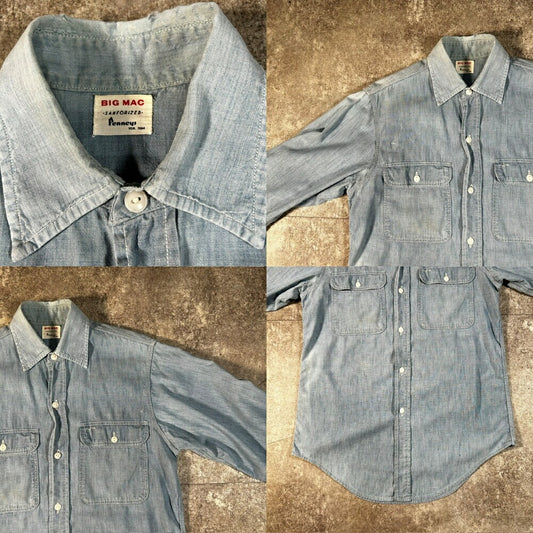 BIGMAC 60s Vintage Chambray Cat-eye Button Work Shirt Size M