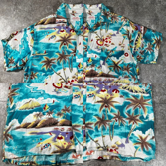 VINTAGE 60s Rayon Aloha Shirt Palm Tree Blue Size M