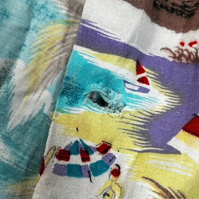 VINTAGE 60s Rayon Aloha Shirt Palm Tree Blue Size M