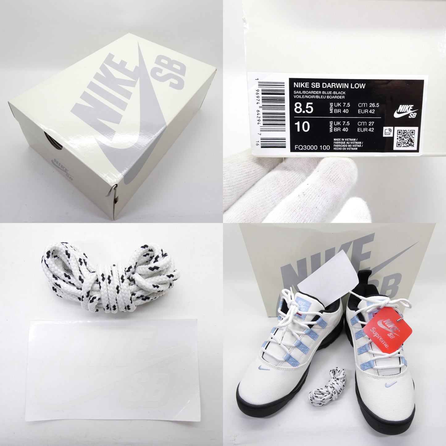 Supreme x Nike SB Darwin Low Sail Border Blue Sneakers