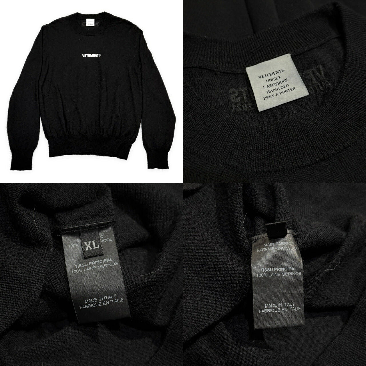 VETEMENTS 21AW Logo Embroidered Merino Knit Black Size XL