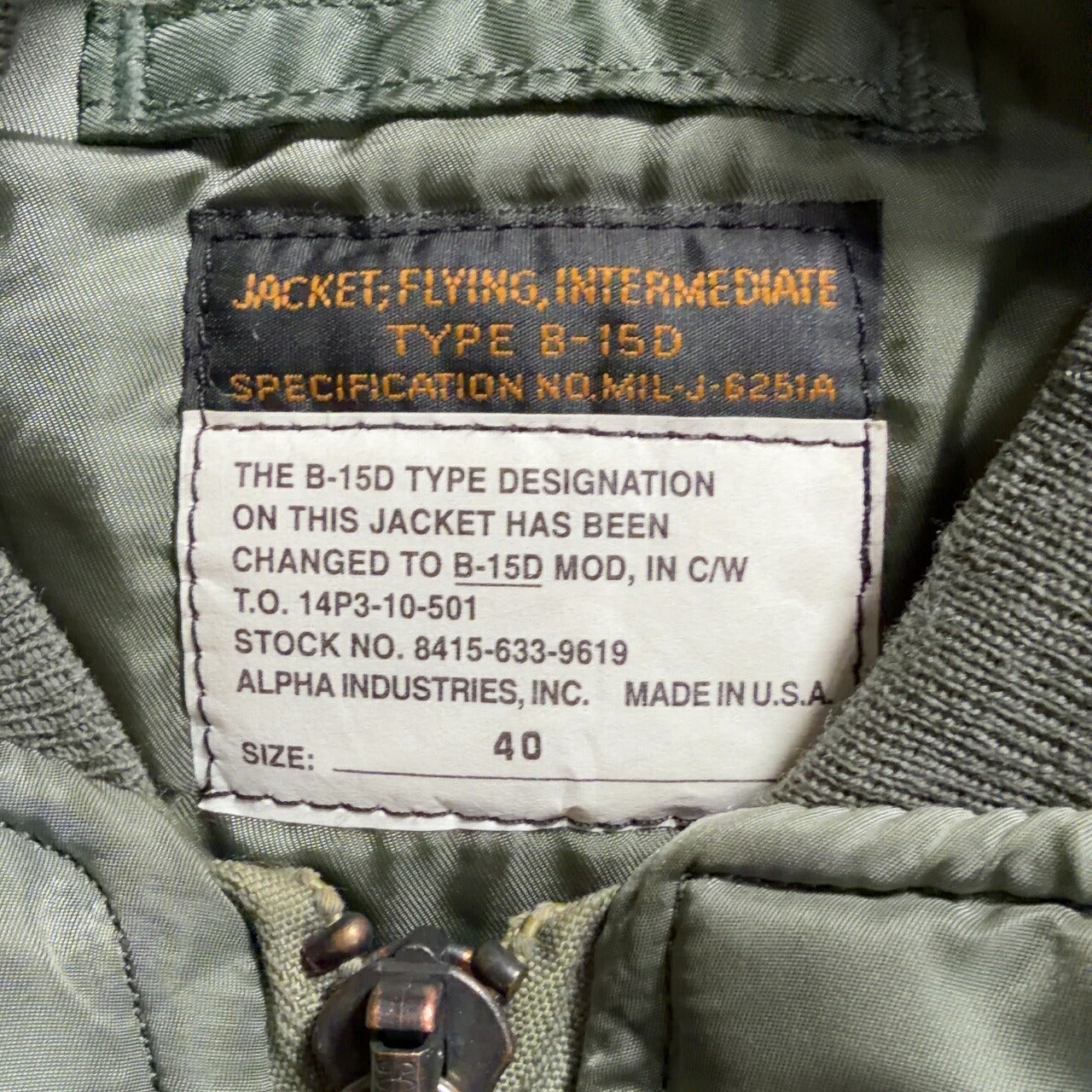 ALPHA B-15D MOD Military Flight Jacket Green Size 40