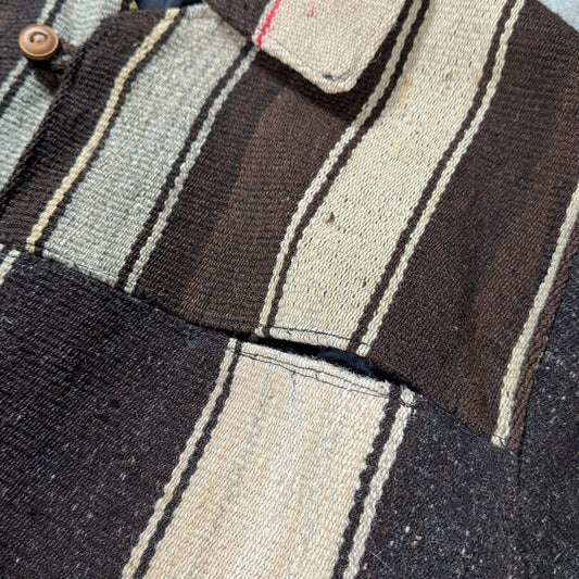 VINTAGE Striped Blanket Wood Button Jacket Brown