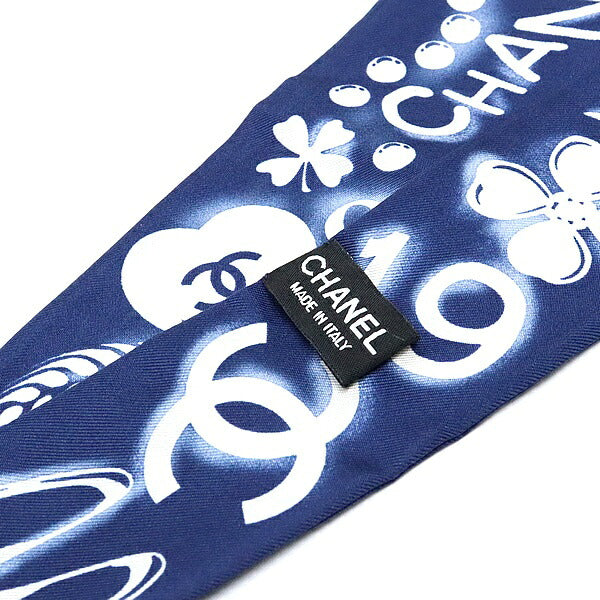 CHANEL Navy Symbol Pattern Silk Scarf Size ONE SIZE